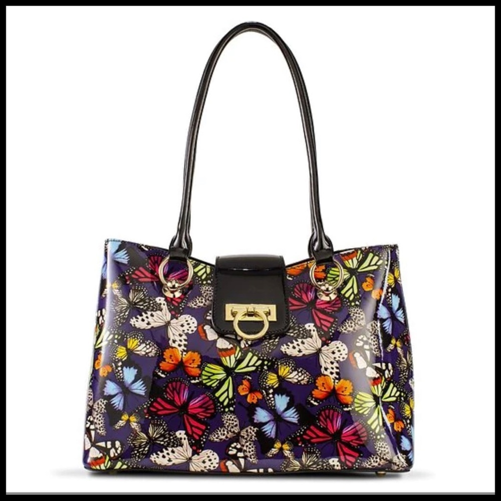 Bravo Fashion LISA MULTI COLOR BUTTERFLY PRINT TOTE LEATHER HANDBAG